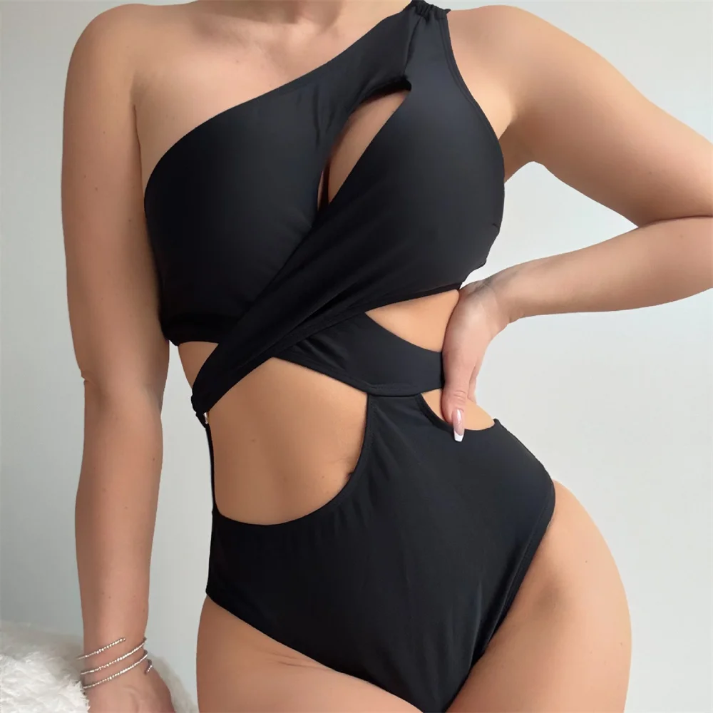 Sexy Irregular Cutout Black Bikini Rings Hollow Out Micro String Backless Swimsuit Women One-piece Swimwear Beach Outfit Biquini