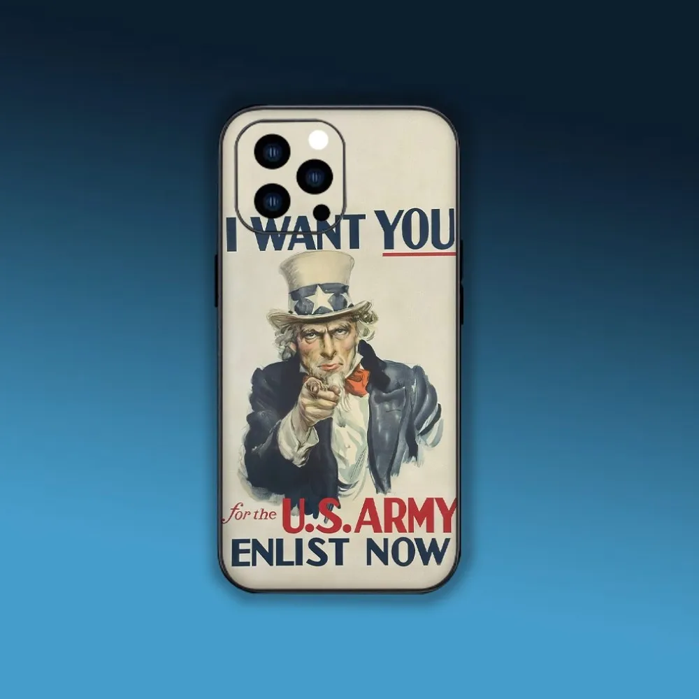 Uncle Sam USA Recruitment Poster Phone Case For iPhone Mini 11 12 13 Plus Pro Max 14 15 XR XS Black Shell