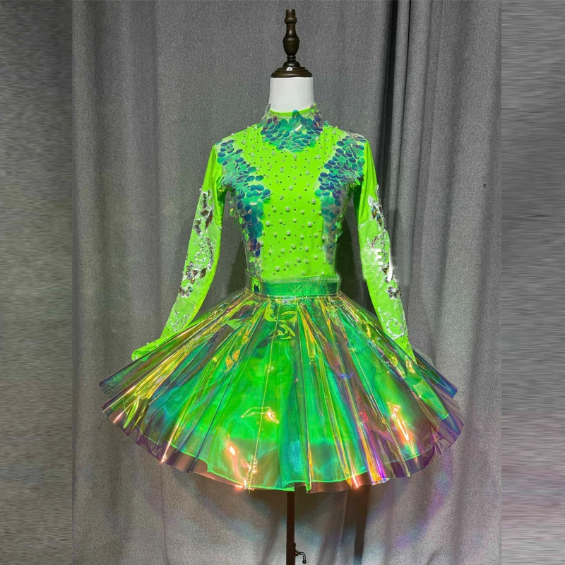 Women Group Jazz Dance Costume Sequins Top Laser Skirt Christmas Day Party Festival Outfit Nightclub Dj Ds Stage Gogo Wear 8771
