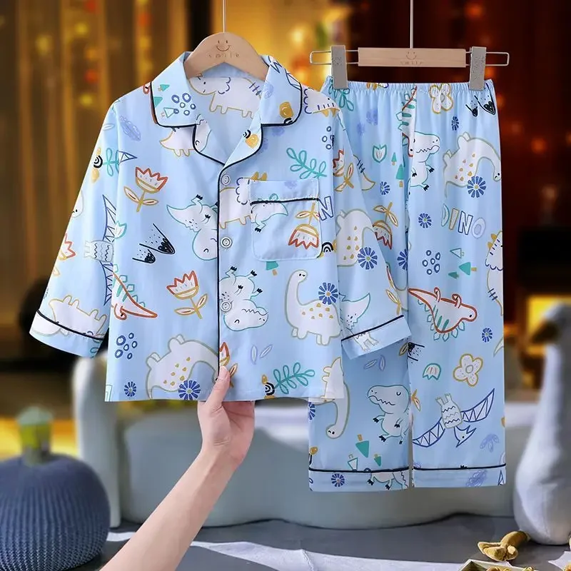 Children's Summer Thin Pajamas Set Boys Girls Cute Cartoon Long Sleeve Lapel Shirt + Pants Sleepwear Baby Casual Loose Homewear