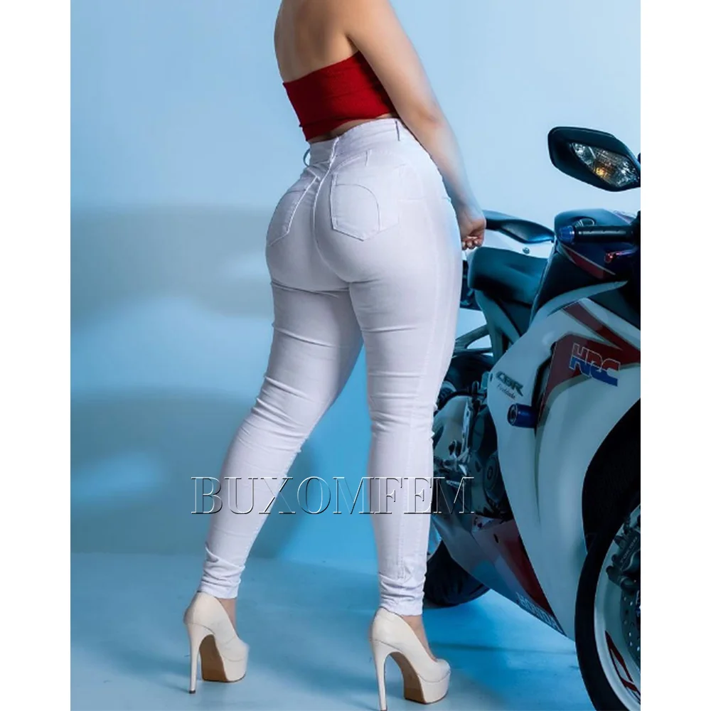 New Sexy Tight White Trousers Shaped Up Comfortable Long Skinny Pencil Pants Concise Street Style Cotton Denim Outwear Bottoms