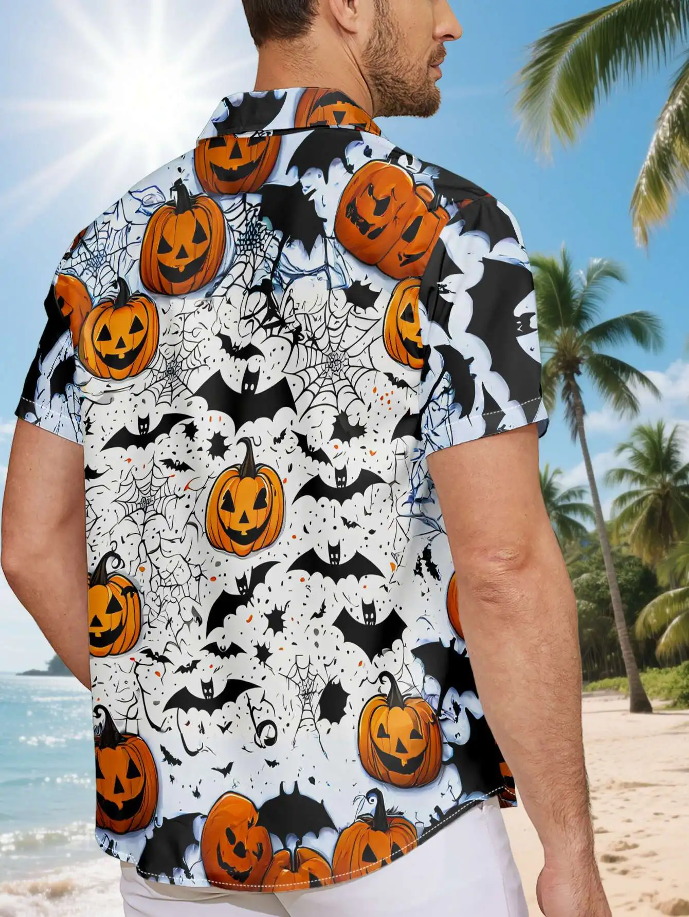 Men's Shirt Short Sleeve Halloween Pumpkin Bat Spider Web Splash Print Loose Casual Summer Holiday Top Men Clothes