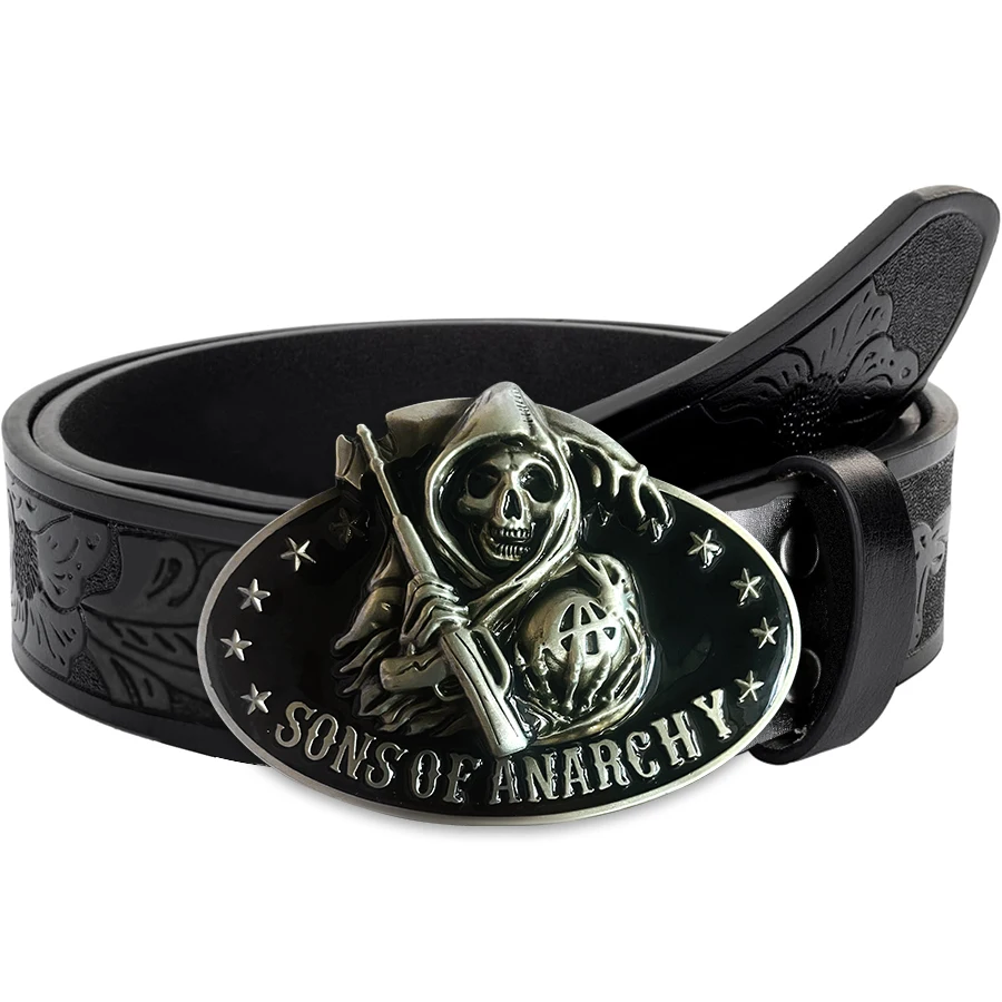 Cinto jeans masculino ocidental, cinto retrô, caveira, foice, fivela, hip-hop, personalidade, estilo retrô, unissex, combinando, jeans/calças casuais