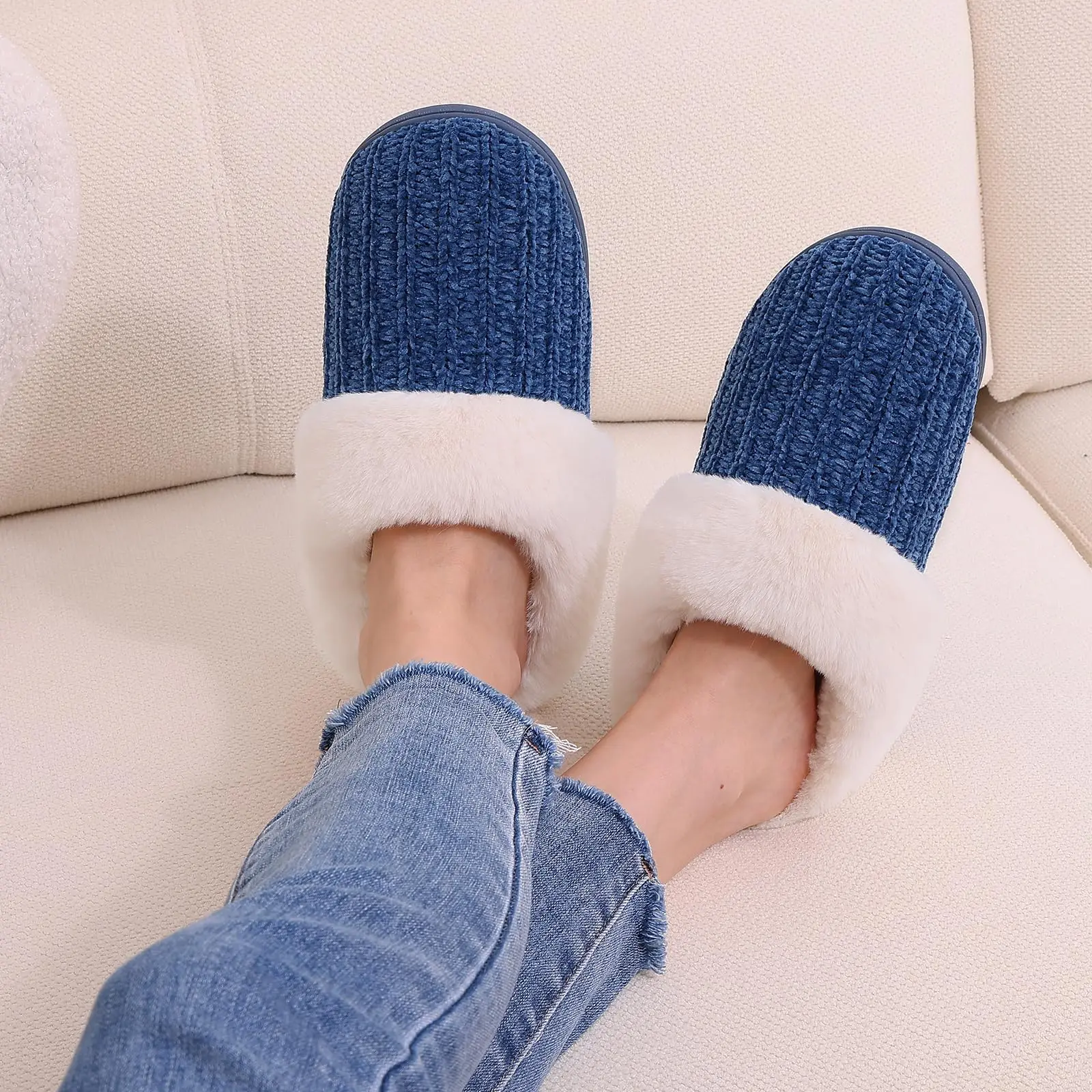 Pallene Men Fuzzy House Slippers Indoor Casual Memory Foam Knit Flat Slides Cozy Plush Women Slipper Fur Fluffy Men Cotton Shoes