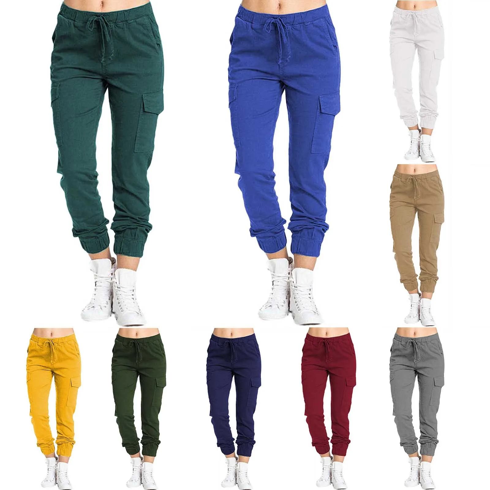 New Solid Jogger Women\'s Cargo Pants Multi-Pocket Drawstring Elastic Waist Women Sports Pants Streetwear Casual Long Pant