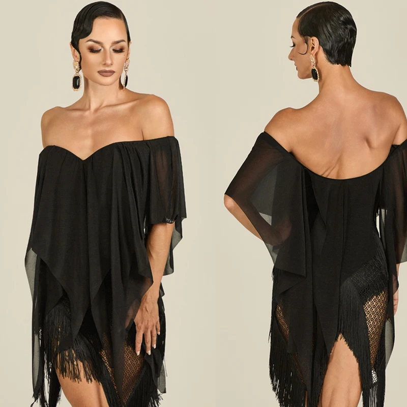 

Сексуальная одежда для соревнований по латинским танцам чача, черный сетчатый топ, юбка нестандартной формы с бахромой, женский костюм для латинских танцев сальсы SL14743