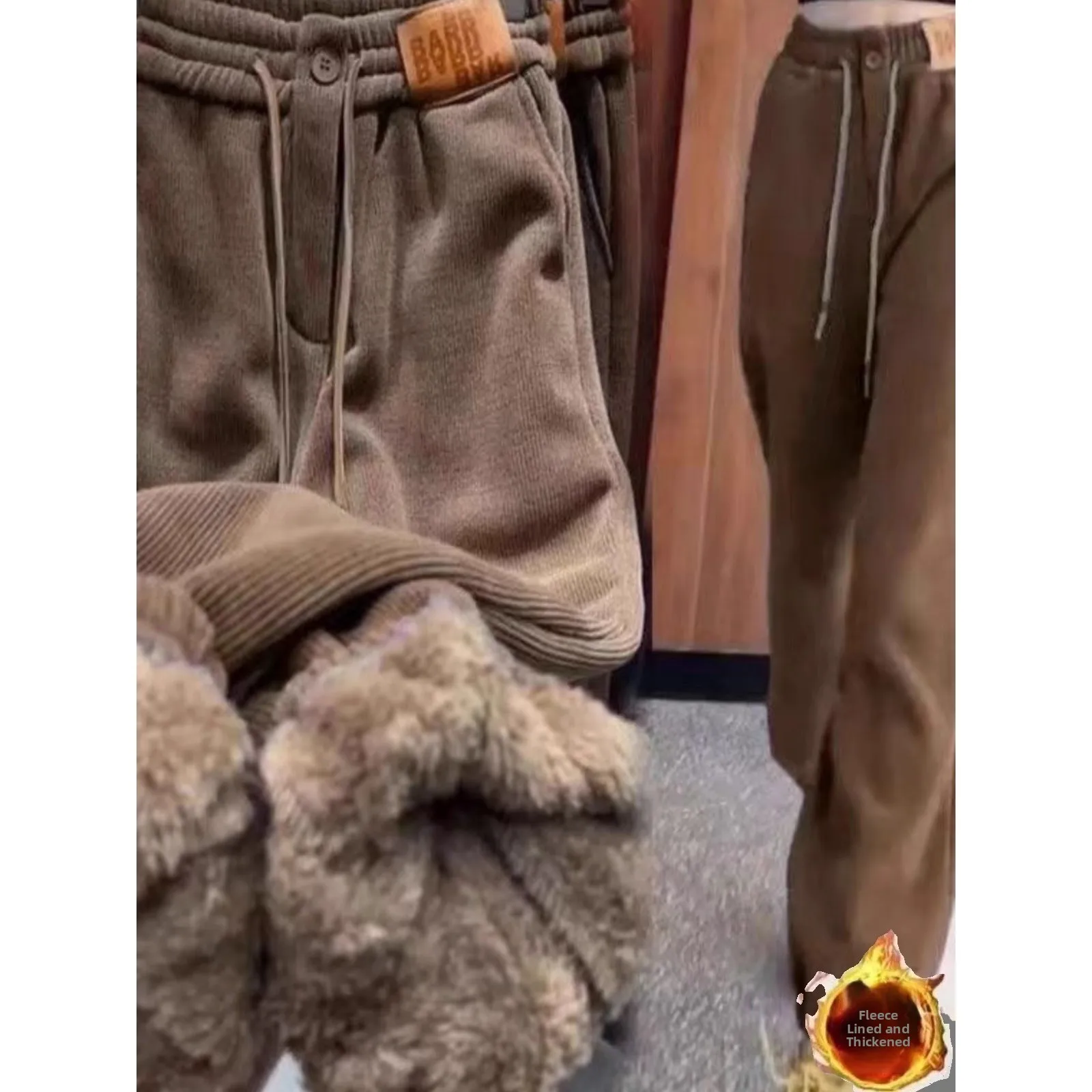 Men's Loose Fit Fleece Lined Thickened Sweatpants Autumn Winter Warm Cotton Pants Cuffed Casual Trousers Trendy Brand INS