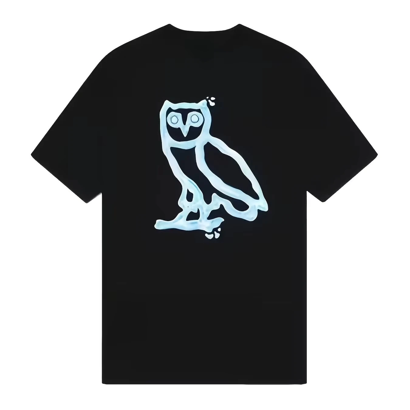 2026 Men Black Crew Neck Tee, Light Blue Sketch Outline Owl Graphic, Relaxed Fit Night Animal Casual Short Sleeve Shirt