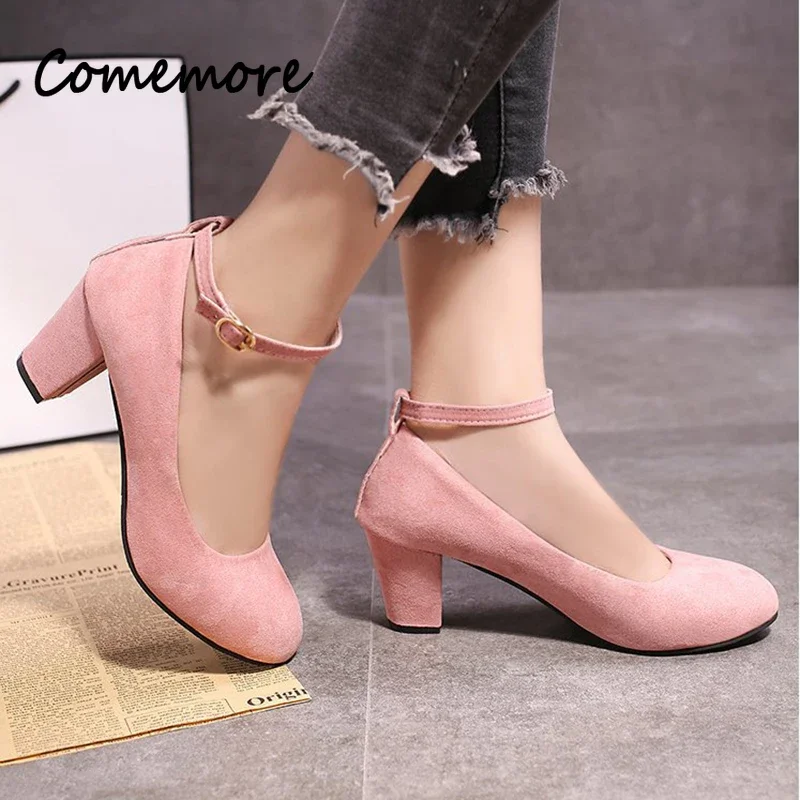 Comemore Dress Shoes Pink Woman Thick Heel Office Ladies Footwear Flock Ankle Strap Pumps Women 2024 Pink Round Toe High Heels