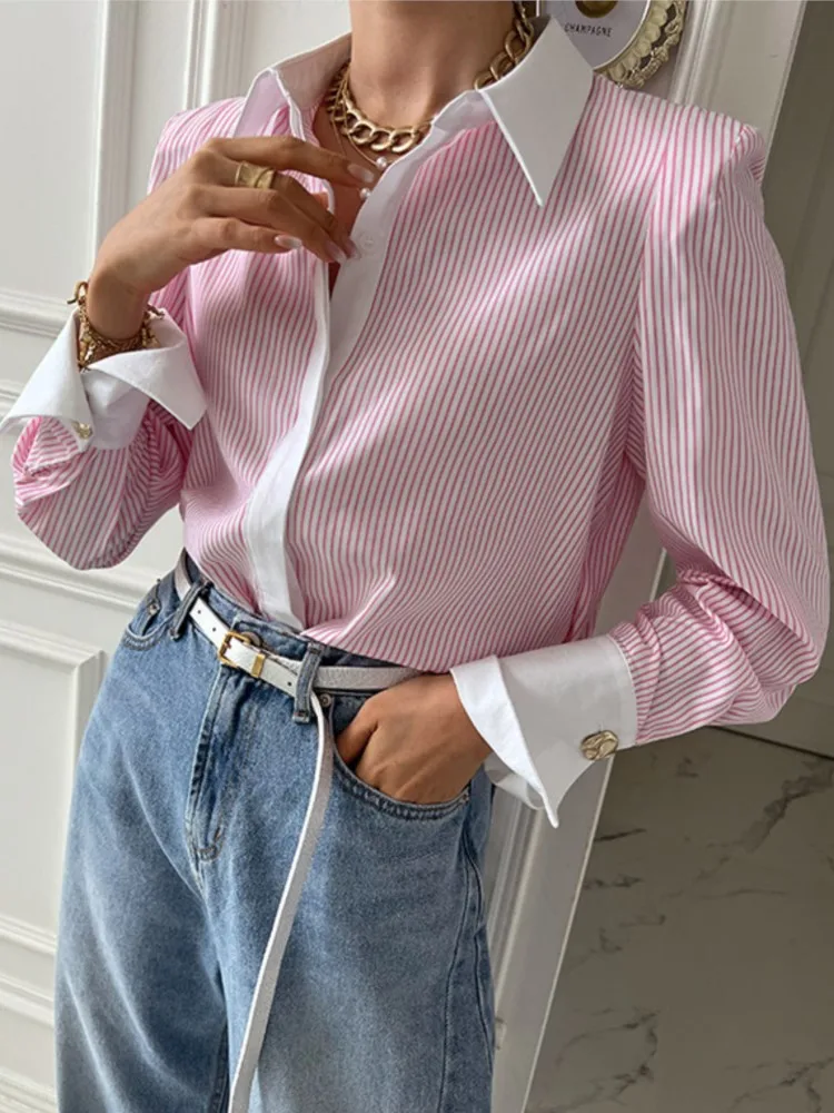 Spring Summer Women\'s Polo Collar Long sleeved Striped Shirt Elegant Office Commuting Fashion Ladies Tops New Pink Grey Blue