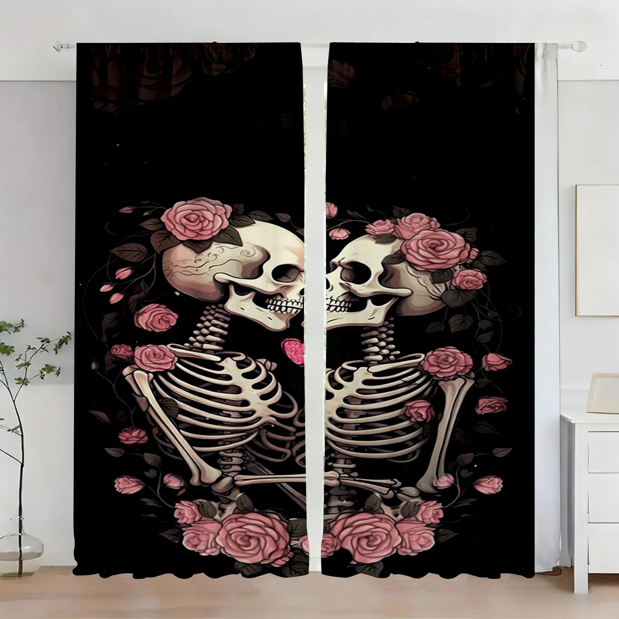 2 PCS Skull Pink Rose Curtains, Sweet Cool Dark Style Window Drapes for Living Room Bedroom Home Decor Polyester Rod Pocket