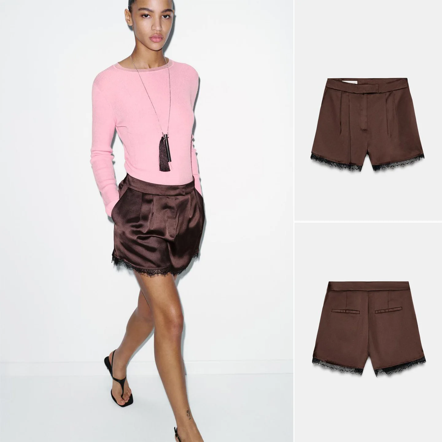 

Новинка весенней коллекции: женские повседневные шорты из атласа с плиссированным подолом, средней посадкой и кружевной отделкой, модный матовый дизайн