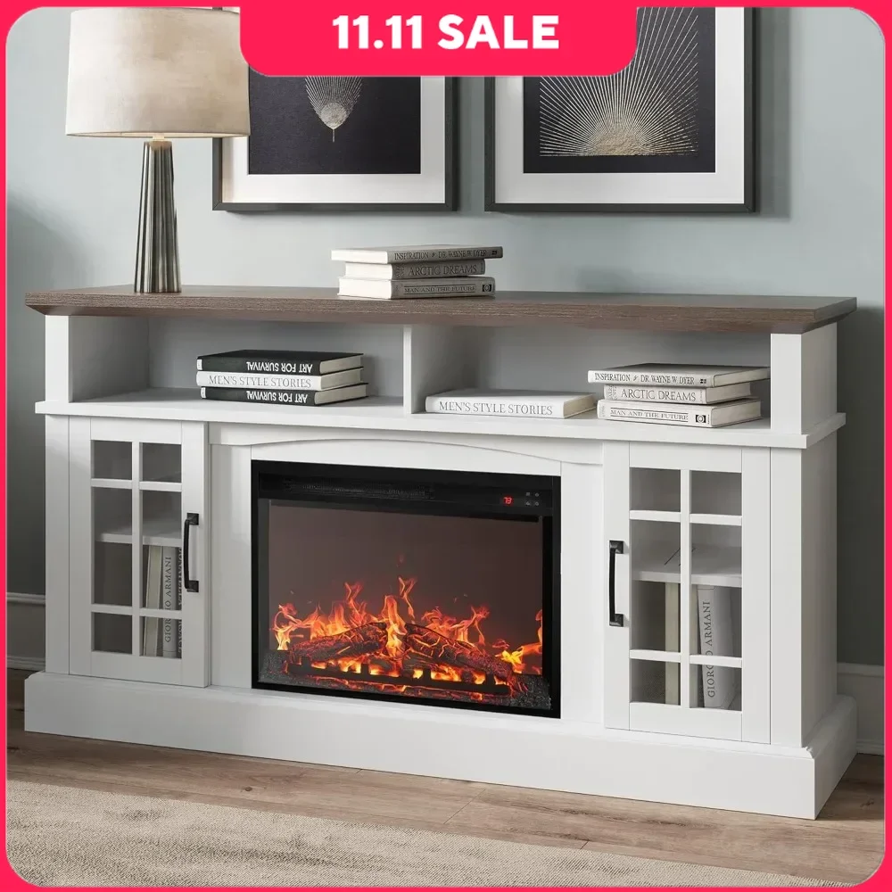 

58" Fireplaces, Media Entertainment Center Console Table with Storage Shelves and Cabinets, Fireplace