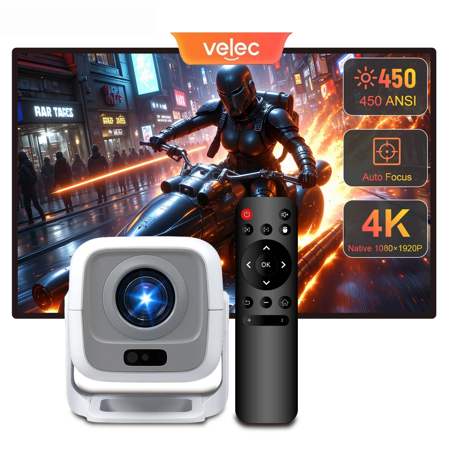 

Velec Android14 Projector Netflix Certification 4K 1080P Auto Focus WIFI6 BT5.4 LED Projector Portable Home Theater Projector