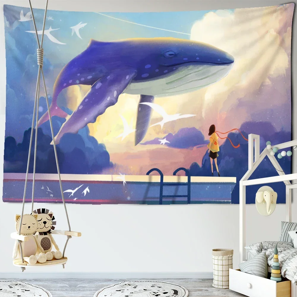 Japanese Whale Illustration Tapestry Wall Hanging Girl Sea Dragon Fish Bohemian Hippie Kawaii Carpet Children's Room Decor