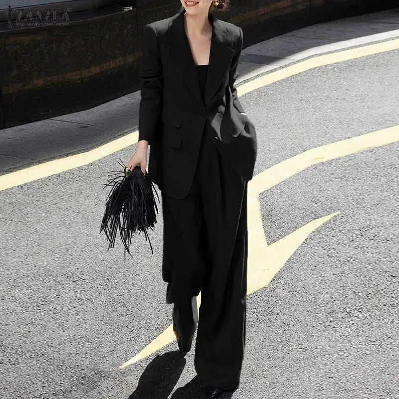 

2026 ZANZEA Elegant Lapel Neck Long Sleeve Blazer Coats Pant Sets Women 2 Piece Sets Elegant Solid OL Tracksuit Office Outfits