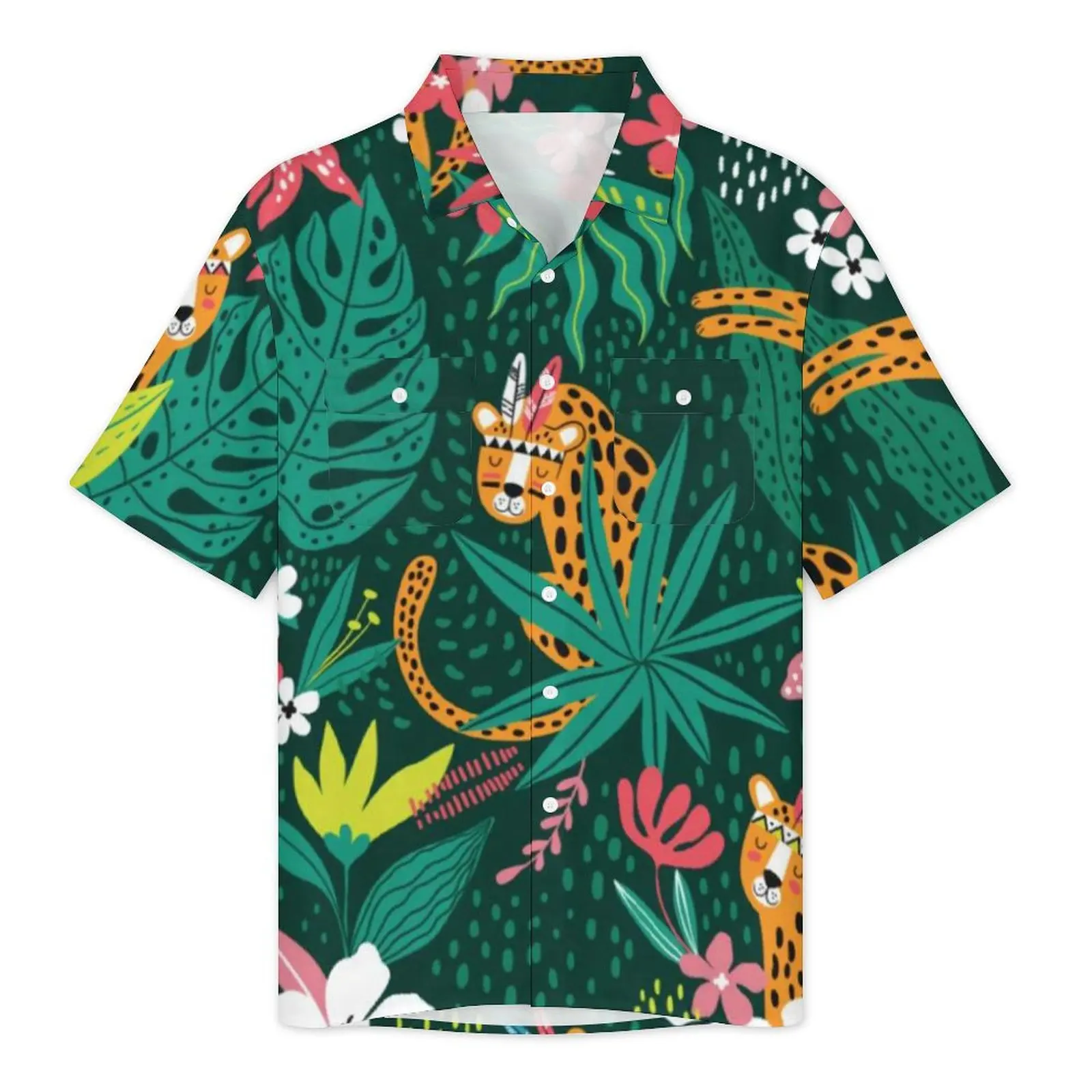 Jungle Cheetah Vacation Shirt Leopard Floral Print Hawaii Casual Shirts Men Trendy Blouses Short-Sleeve Streetwear Clothes