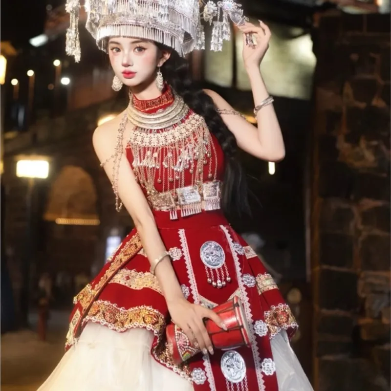 مجموعة كاملة من فساتين الشاش الأحمر للنساء في الأزياء العرقية نمط جديد أداء زي التصوير الفوتوغرافي السفر الغريب #3