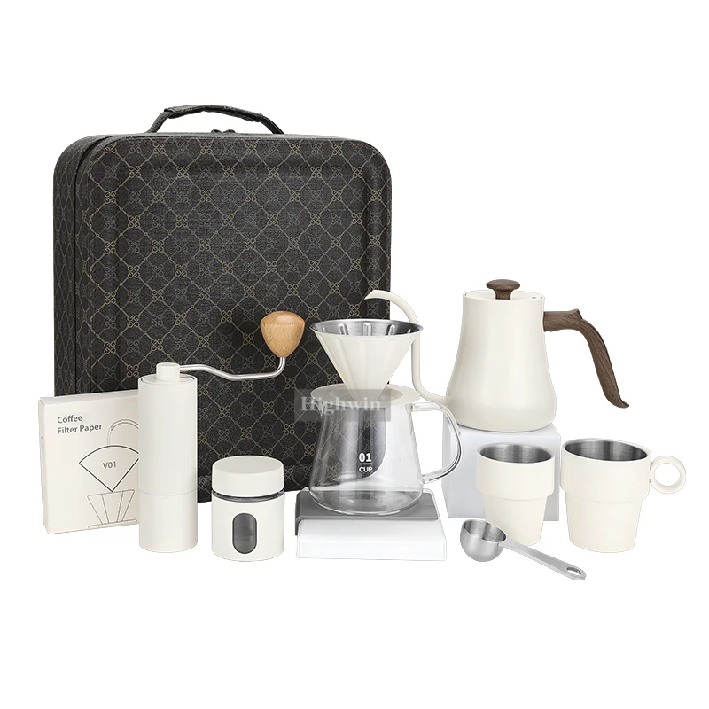 New Arrival All In 1 Leather Case Portable Manual Coffee Grinder Pour Over Coffee Maker Set