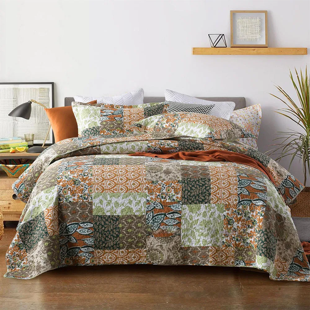 Imitation Patchwork Printed Quilt Set 3PCS Queen Size Washed Cotton Bedspread All Season Lightweight Coverlet Comforter Blanket