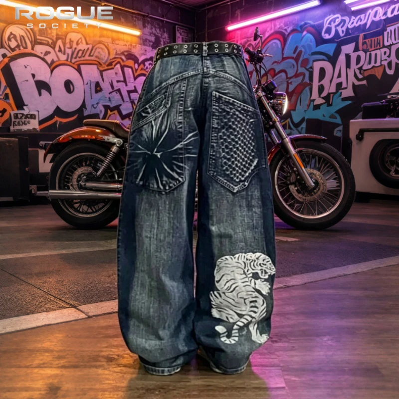 Summer Versatile Y2K Print Denim Pants Men Vintage Washed Baggy Jorts Straight Trousers Harajuku Hip Hop Streetwear Jeans Unisex