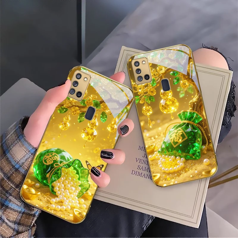 الأخضر لطيف محظوظ حقيبة لسامسونج A 70 71 72 73 14 15 13 16 25 A26 31 32 33 34 35 50 51 52 53 54 55 56 الزجاج الذهبي جراب هاتف