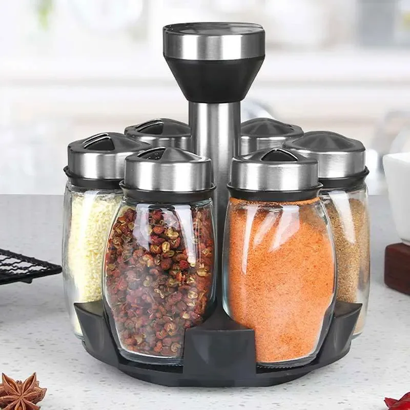 Kitchen Rotating Spice Bottle Set Glass Material Seasoning Salt Sugar Pepper Seasoning Storage Bottle Kitchen Spice Rack