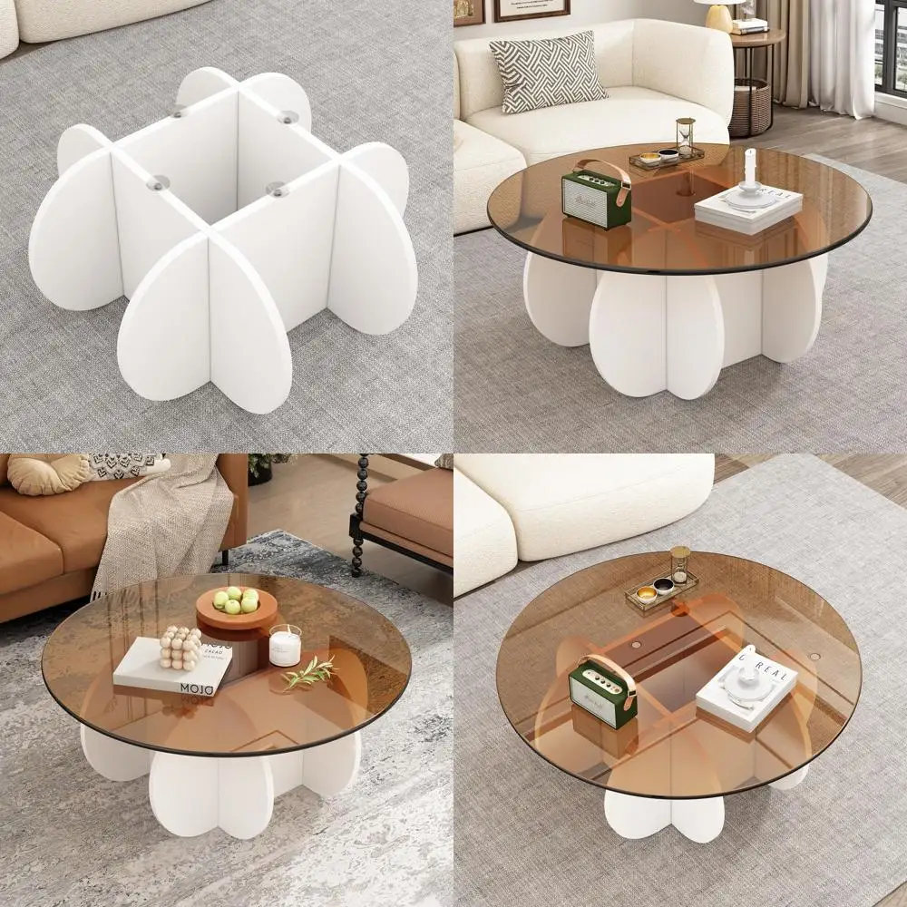 

Mid-Century Modern 31.5 Round Glass Coffee Table, White & Brown, Ideal for Small Living Rooms and Home Offices