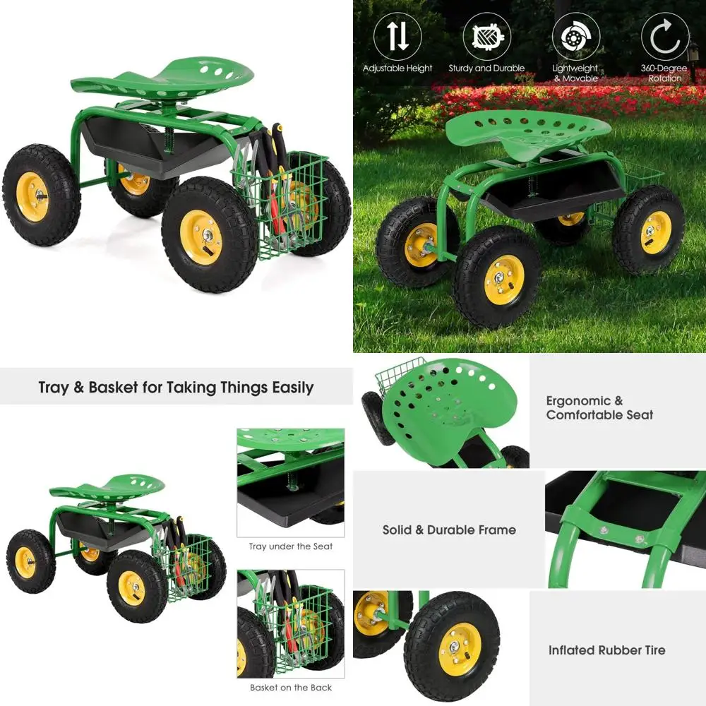 

Heavy Duty Garden Cart with Adjustable Height Seat and 10-Inch Wheels for Rolling Garden Work