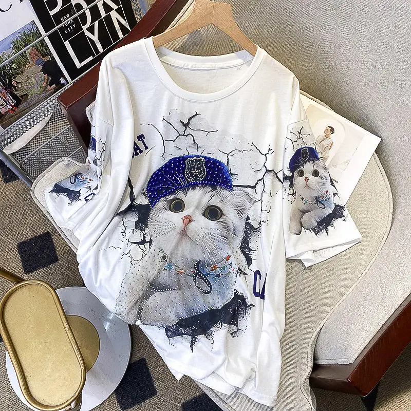 Hikigawa Chic Fashion Women Summer Sweet Cool Girls Heavy Cartoon Rabbit Print Short Sleeve T-Shirts All Match Loose Top Mujer