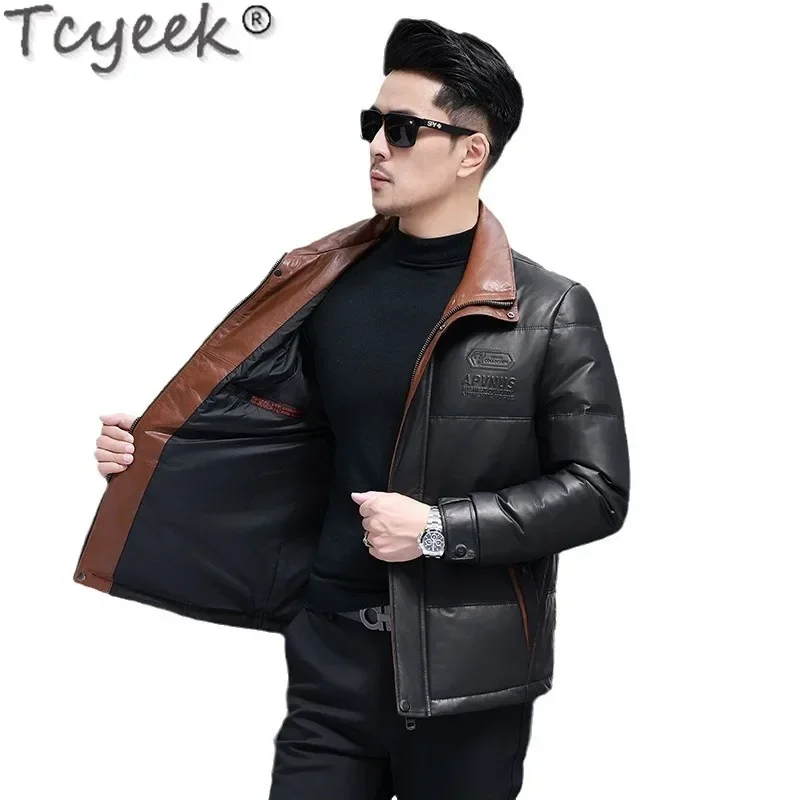 Tcyeek Genuine Leather Jacket Men White Duck Down Coat Mens Clothing Top Layer Cowhide Coats Winter Jackets 2024 Color Block