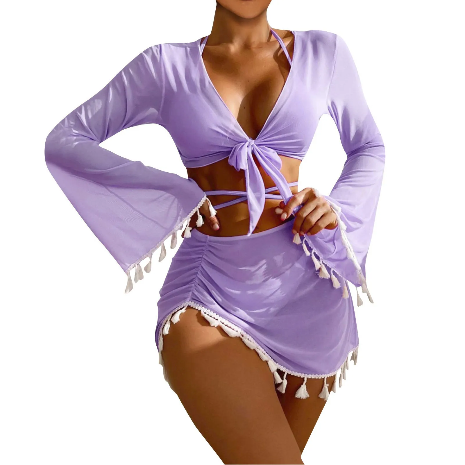 

Solid Bikini Set Sexy Fashion Slim Fitting Beach Swimwear Lady Split Lightweight Strap High Waist Pleated Cover-Up Four-Piece
