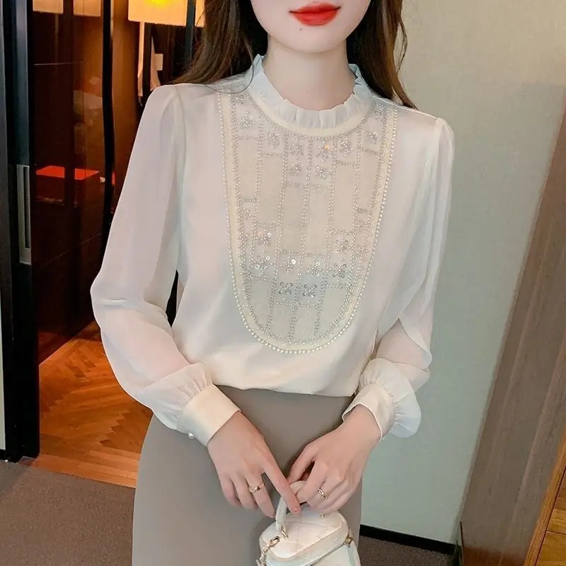 Korean 2024 New Solid Color Stand Collar Spliced Embroidered Flares Sequined Fashion Slim Casual Long Sleeved Blouses Shirts