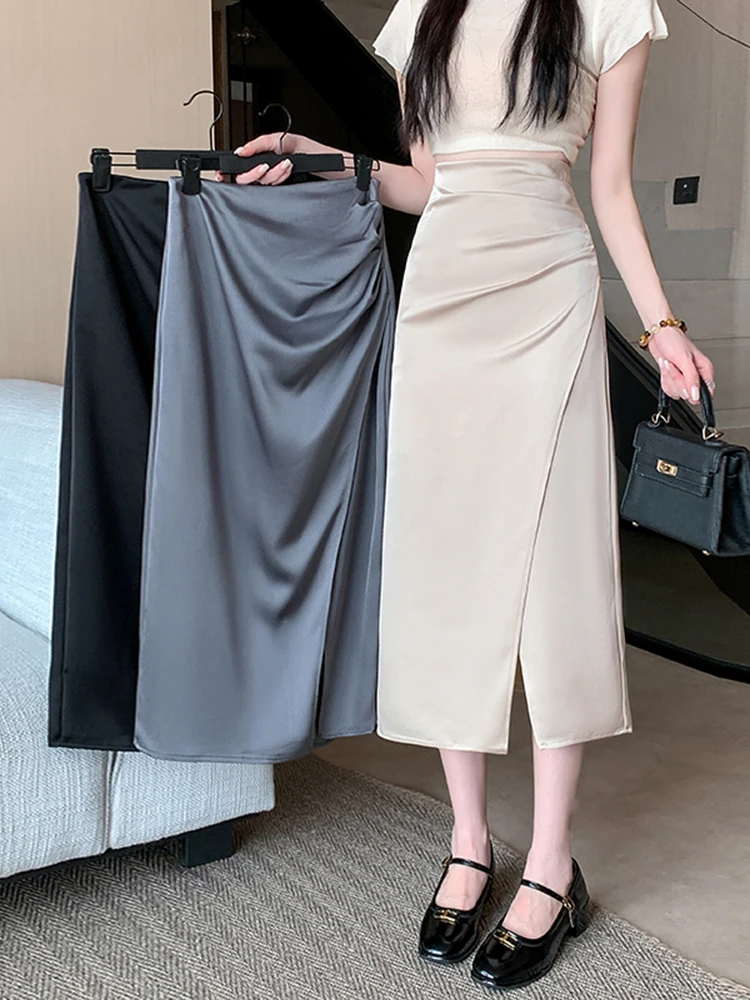 

Юбка-трапеция с высокой талией из атласа с разрезом, женская, весенняя, модная, приталенная, плиссированная, облегающая, для делового и повседневного стиля, для города и поездок на работу