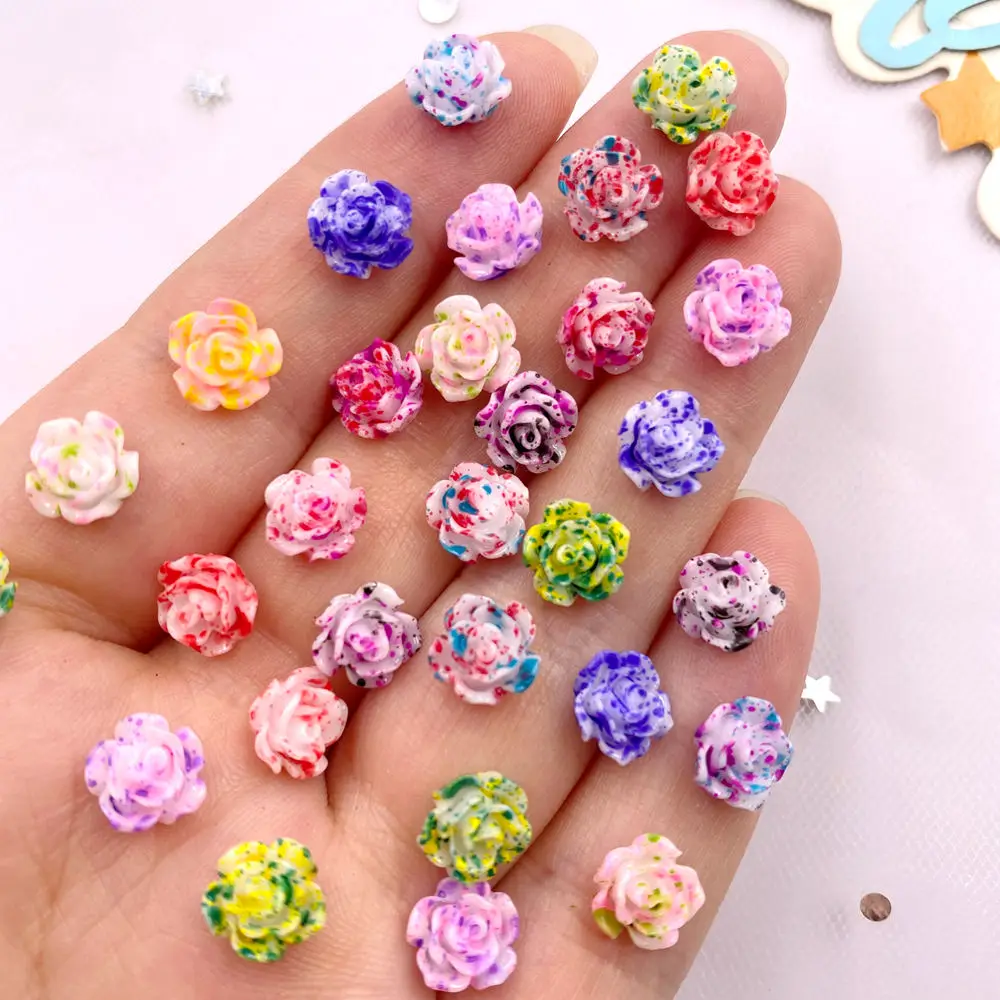 50Pcs Resin 8mm Colorful Splash Ink Painting Rose Nail Art Flat back Flower Stone Scrapbook Wedding Applique DIY Jewelry Crafts