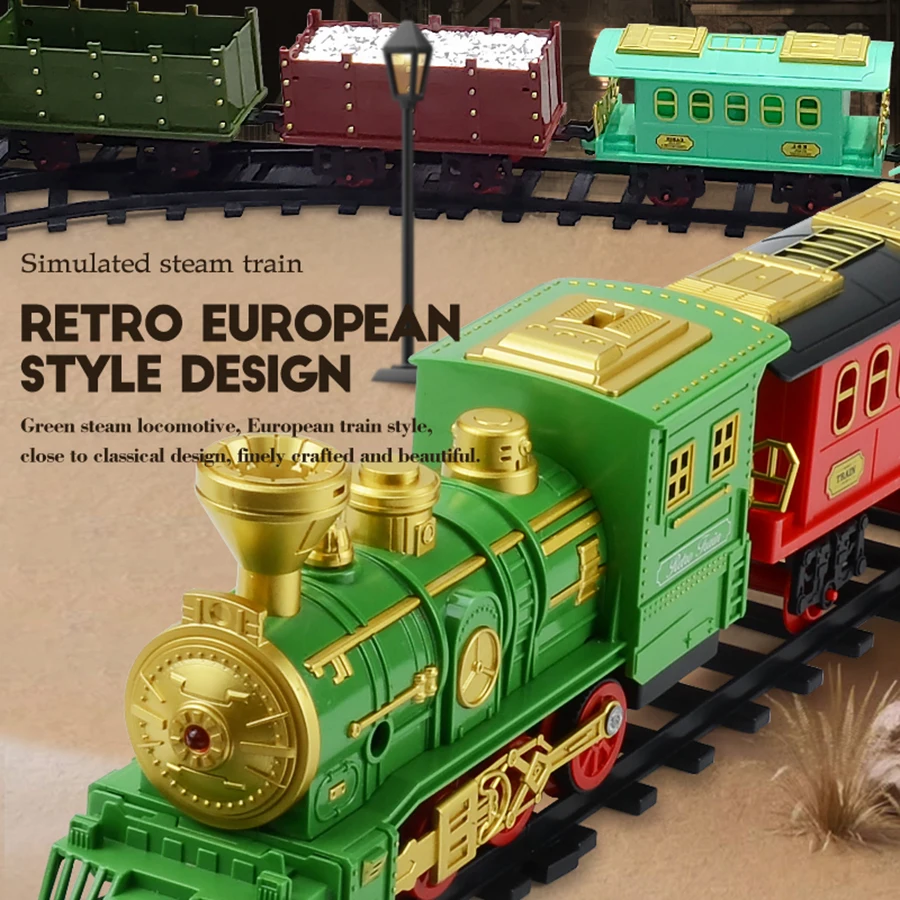 Electric Steam Track para crianças, montagem clássica, trem fumante, luz e som, brinquedo simulação