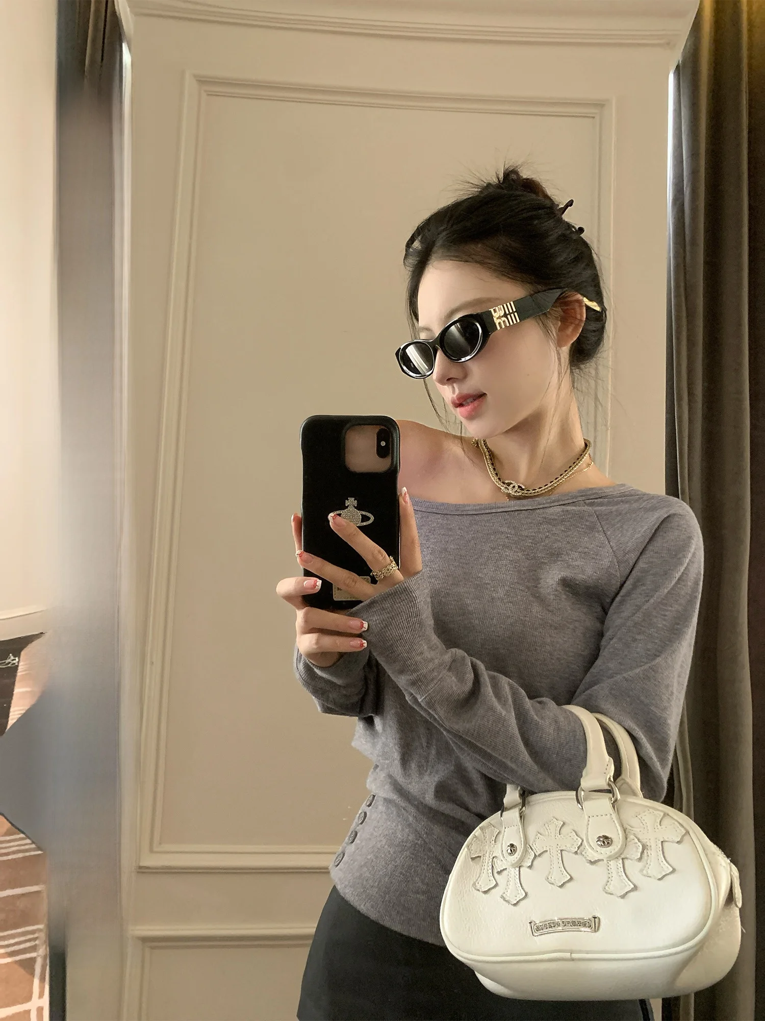 

Удобная футболка Rhythm Long Sve с колючками, женский дизайн, весна-осень, новый ленивый топ на одно плечо с наклоном