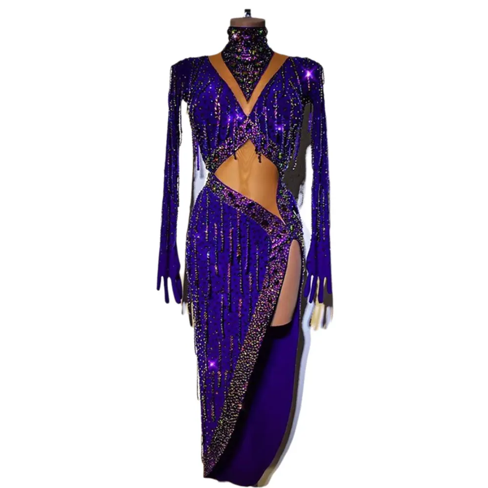 Latin Dance Competition Women's High-end Custom Purple Exposed Waist Split Skirt Tango Samba Performance Rhinestone Dress