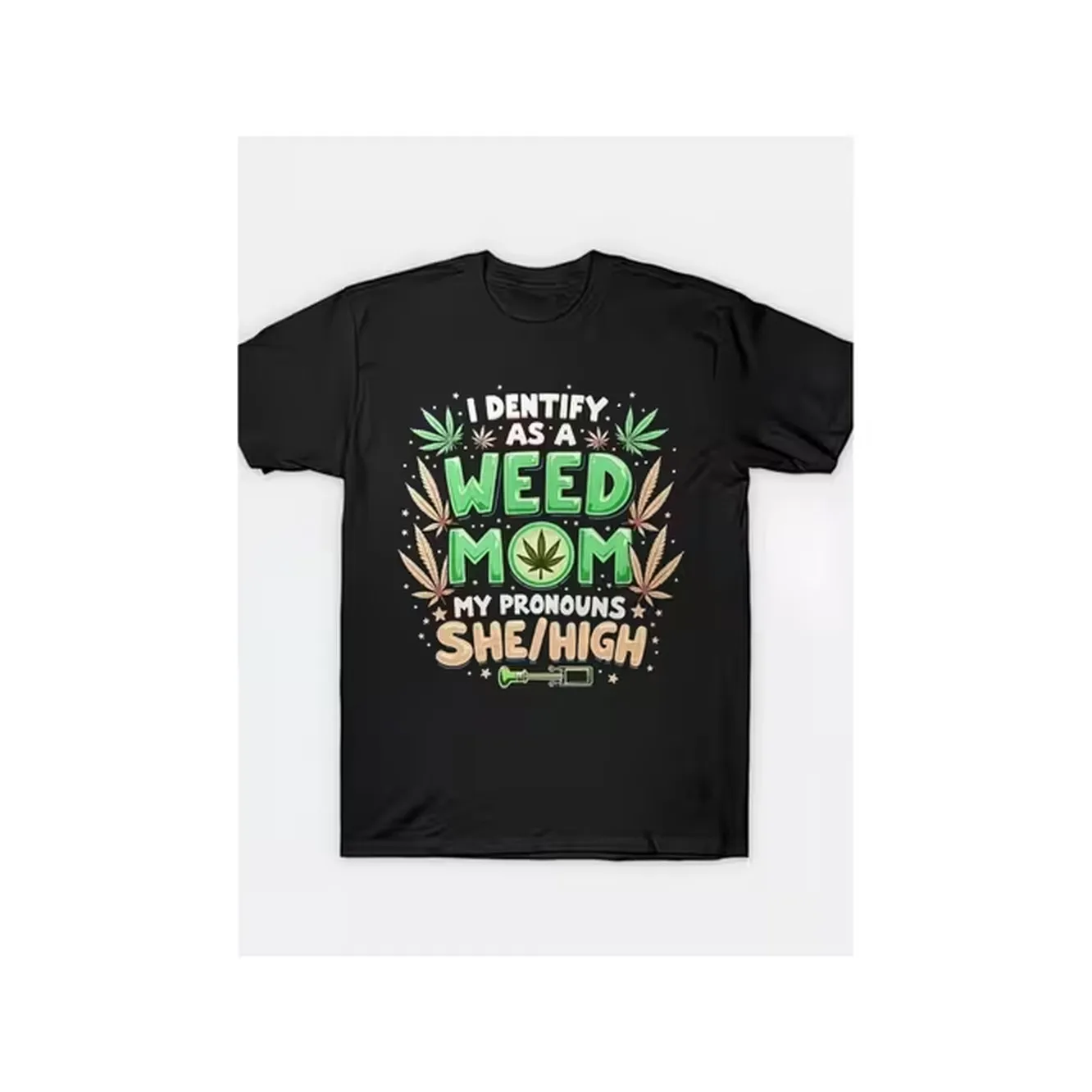 1Pc Mens Funny Themed Slogan T Shirt I Identify As A Mom Leaf Design Loose Fit Casual Streetwear Washable Short Sleeve Round Neck Tee For Stoner Gift Idea With Geometric Pattern Medium Stretch Fabric