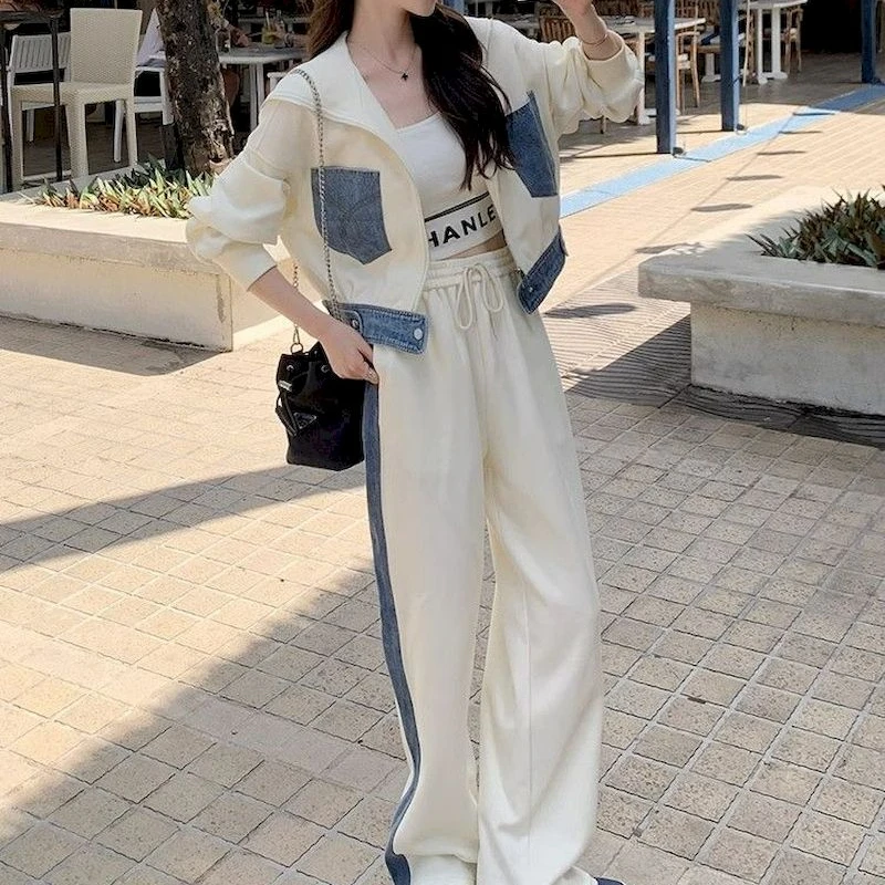 Korean Fashion Denim Patchwork Women\'s Tracksuit Y2k Zip Up Hoodies and Wide Leg Pants Suit Women Vintage Matching Sets Female