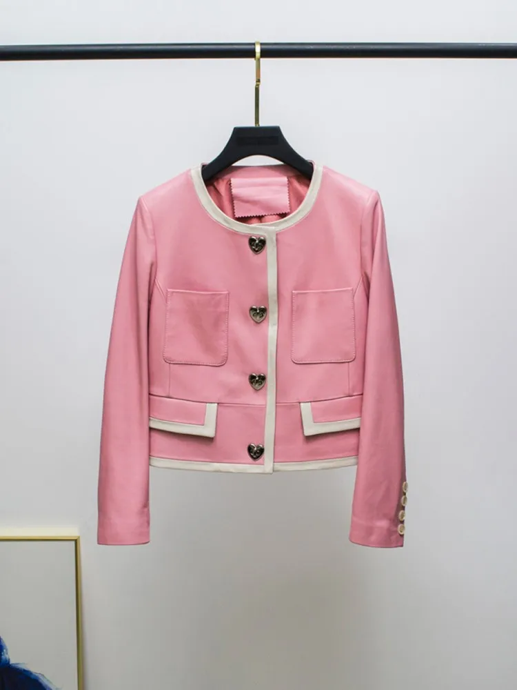 Chaqueta de piel auténtica con cuello redondo para mujer, abrigo corto de diseñador de colores mezclados, manga larga, elegante, Primavera, 2023