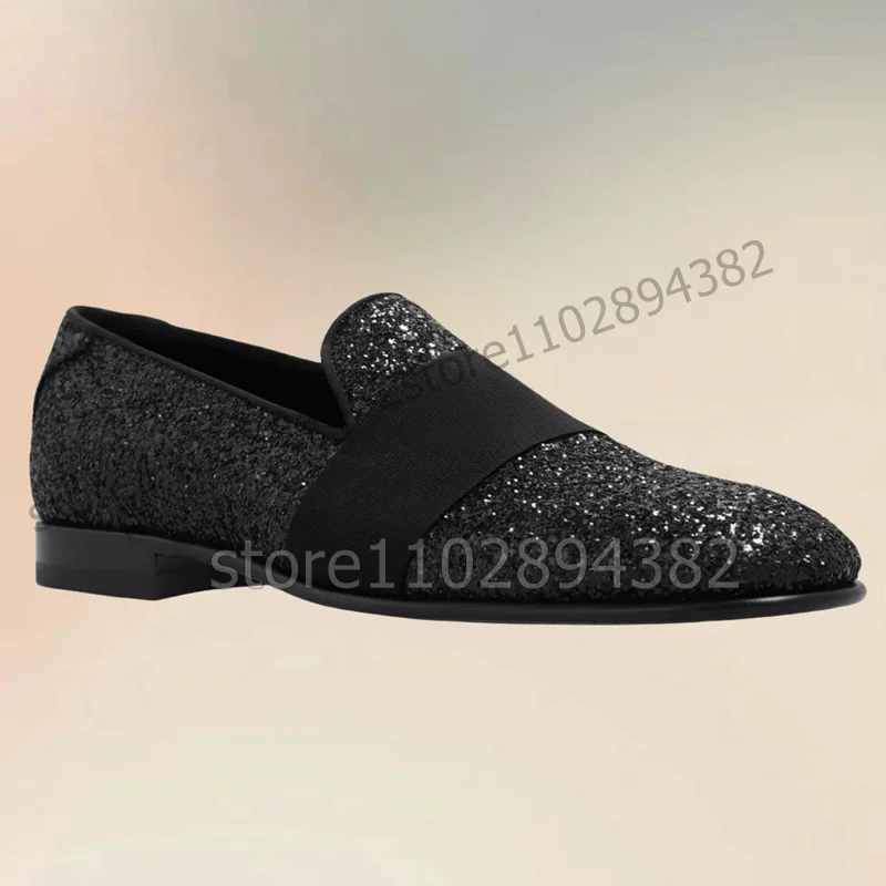 Mocassins de lantejoulas pretas masculinas, decoração riband, sapatos baixos, sapatos artesanais de luxo masculino, banquete de festa, vestido de casamento, moda slip-on