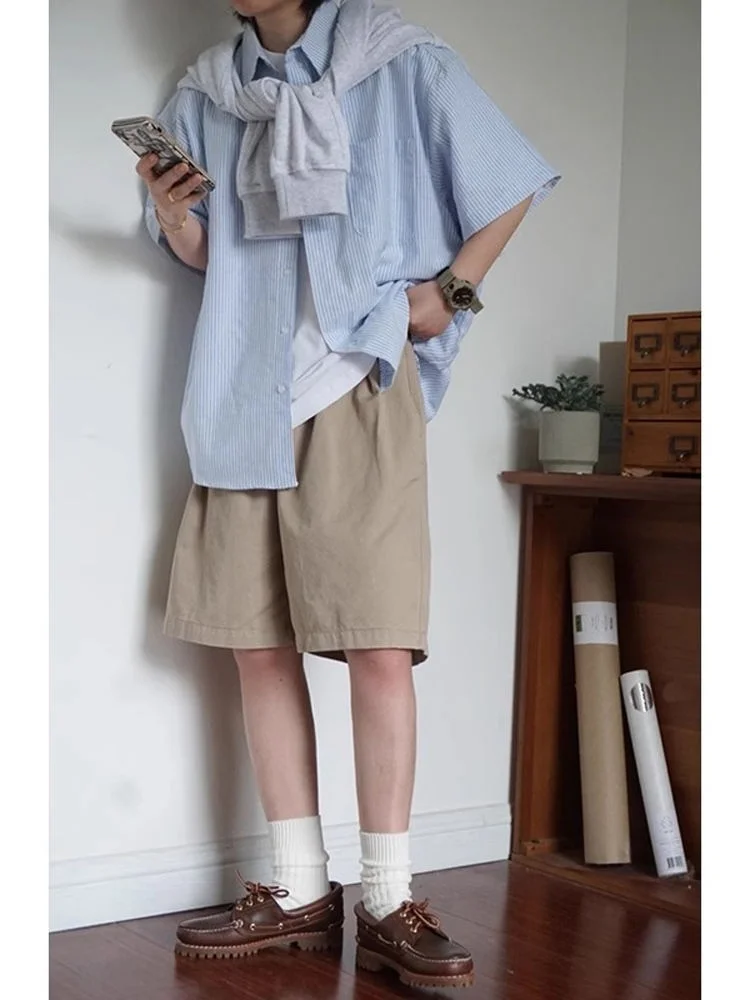 

Loose Basic Sle Men's Striped irt ort Sve Turn-down Collar Summer Casual Faion Blue Cheered Cotton Polyester