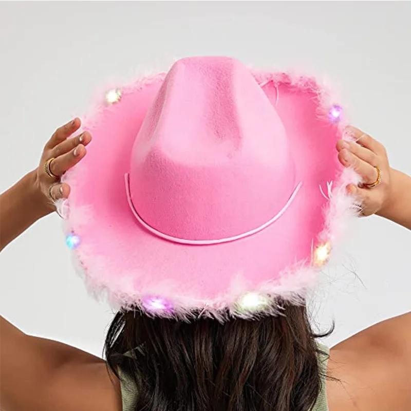 Led Light Up Cowboy Hat Women Authentic Feather Trim Aesthetic Party Hat Luxury Neon Cowgirl Caps Trendy Festival Accessory view 2