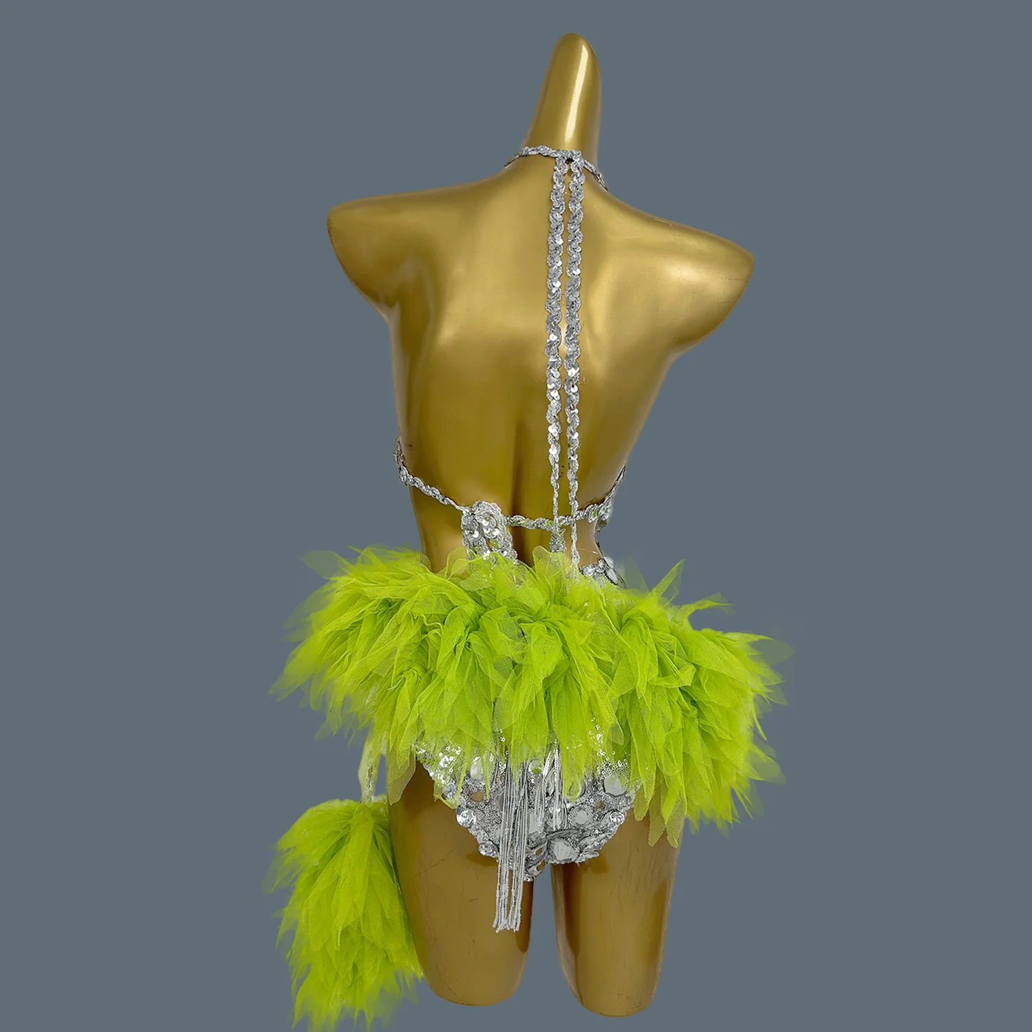 Mesh Performance Costume Bar Dancer Night Club Bodysuit Stage Wear Sparkly Green Fade Mirrors Women Sexy BodyconLeotard Yuanjing