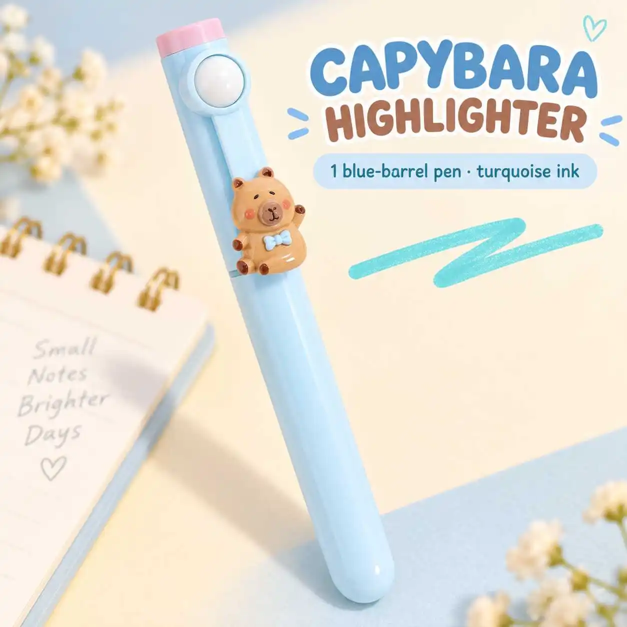 Blue Barrel Capybara Highlighter Turquoise Ink Chisel Tip White Ball Insert Cap with Bow Figure Clip Single Pen