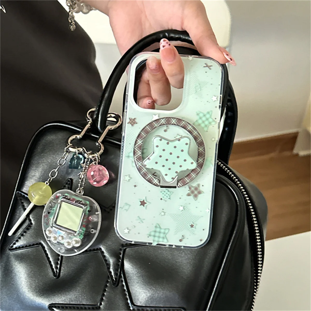 

Fashion Mint Green Star Magnetic Phone Case For iPhone 16 Pro 14 15 Pro Max Cover with Stand Holder Cute Magnet Cases Funda