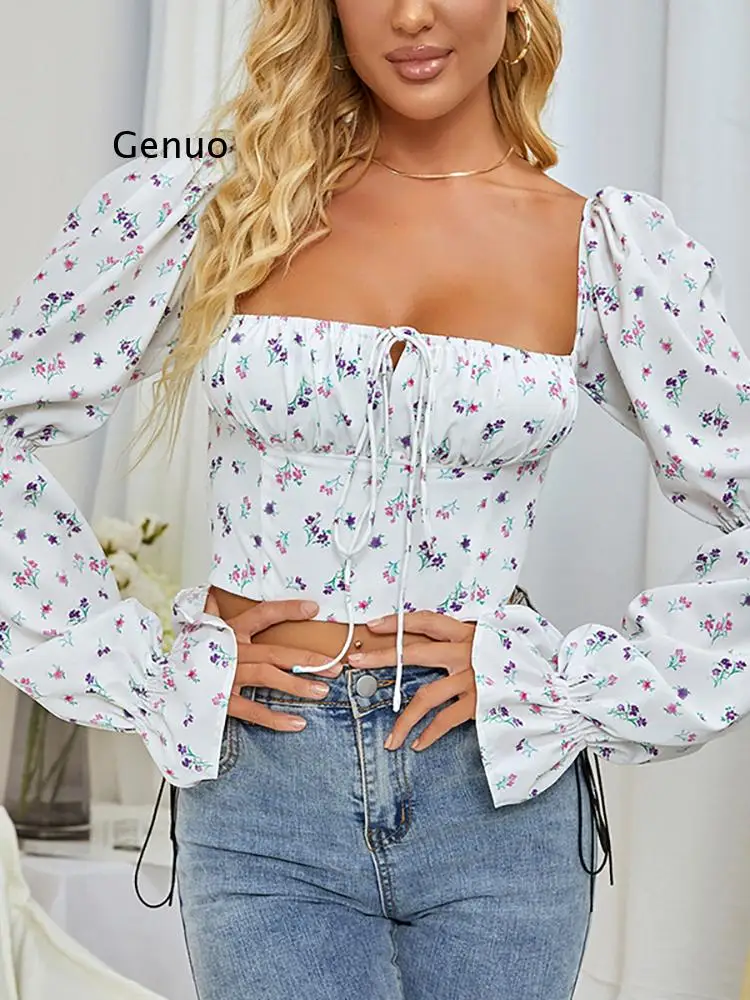 Puff Sleeve Blouse Women Floral Print Ruched Hollow Out Zipper Tie Up Slim Fit Crop Top Prairie Chic Square Neck Blouses