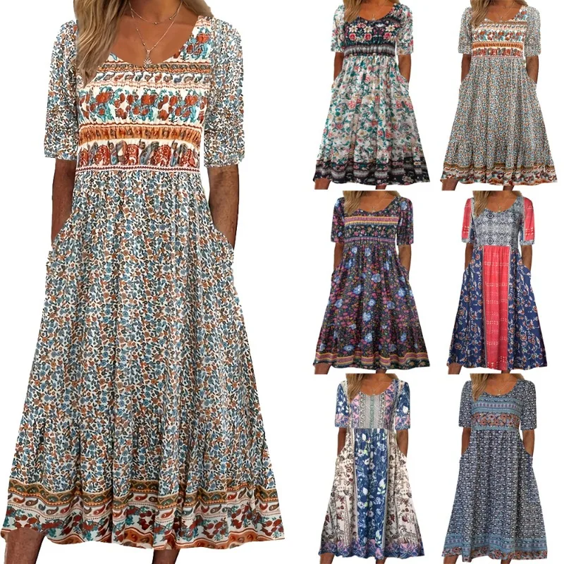 

2025 Summer New Fahsion Women's Round Neck Floral Dress Elegant Ladies Short sleeved Long Skirt Bohemian Printed Dress Plus Size