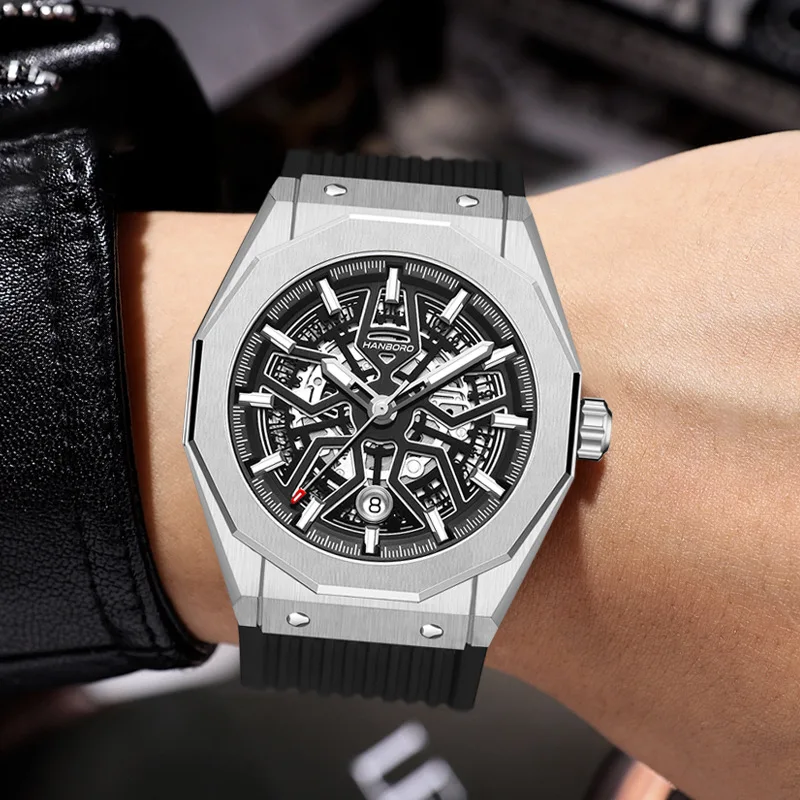 HANBORO The Big Bang fully automatic mechanical watch skeleton wheel dial waterproof luminous watch